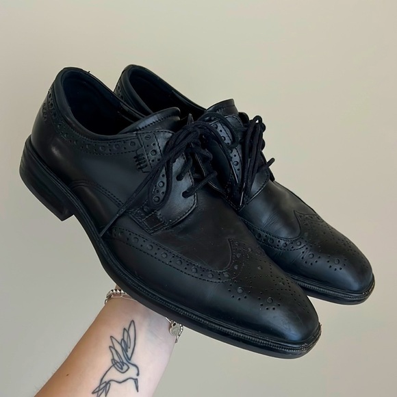 Ecco Black Leather Brogue Lace Up Tie Square Toe Derbies - Picture 1 of 13